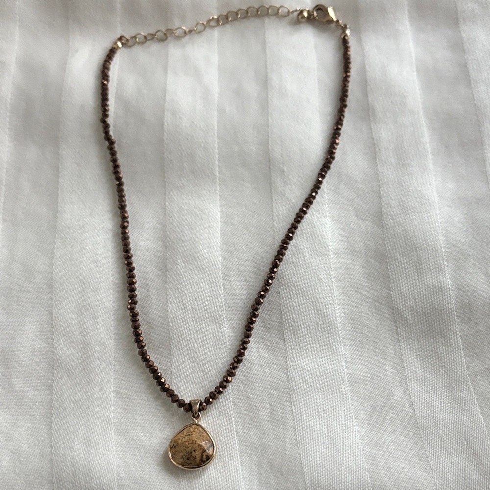Adjustable Brown Beaded Necklace with Gold Pendant